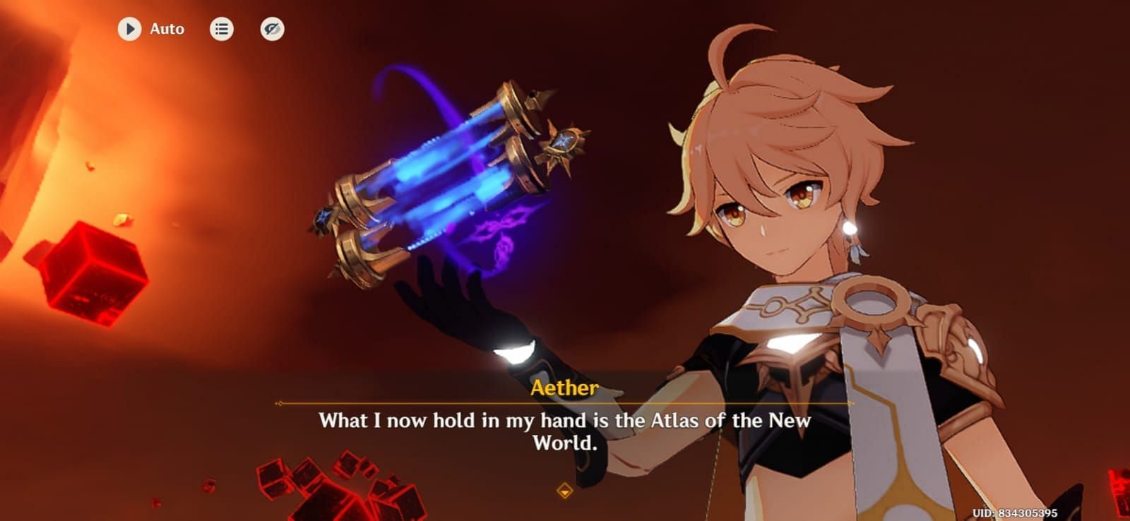 The sibling holding "Atlas of the New World", a product of Loom of Fate (Image via HoYoverse)